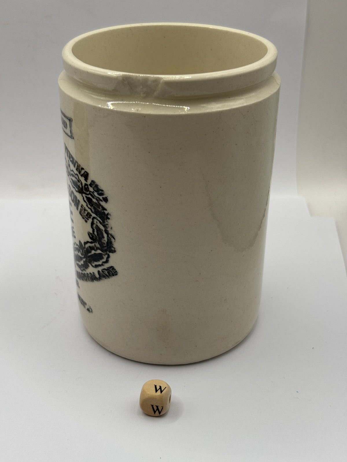 Old 1lb stoneware marmalade pot, James Keiller Dundee marmalade (w)