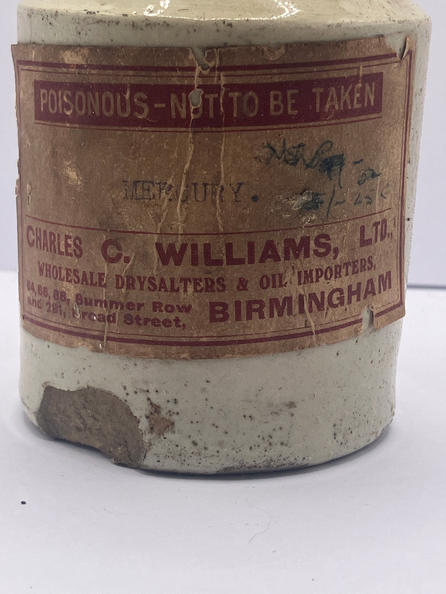 Stoneware jar with original label. Mercury