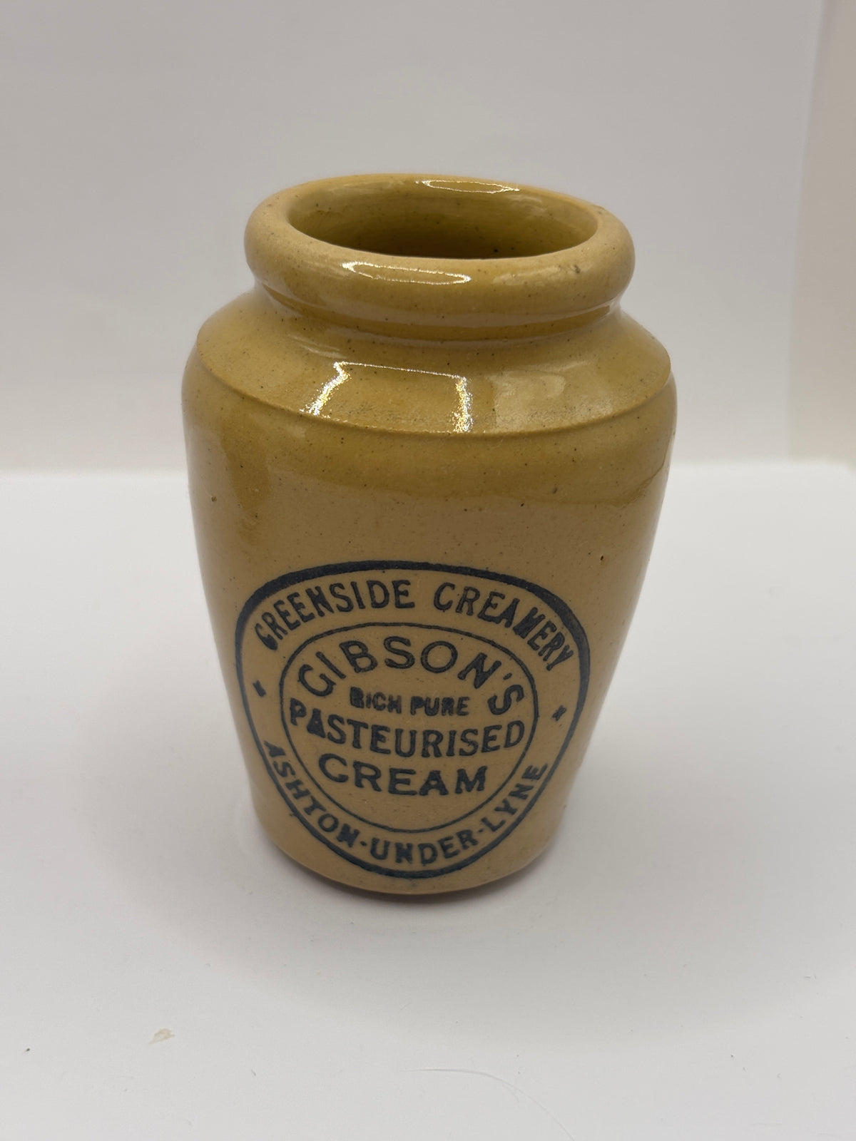Old stoneware advertising cream pot, Greenside creamery. Gibsons rich pure pasteurised cream 7cms