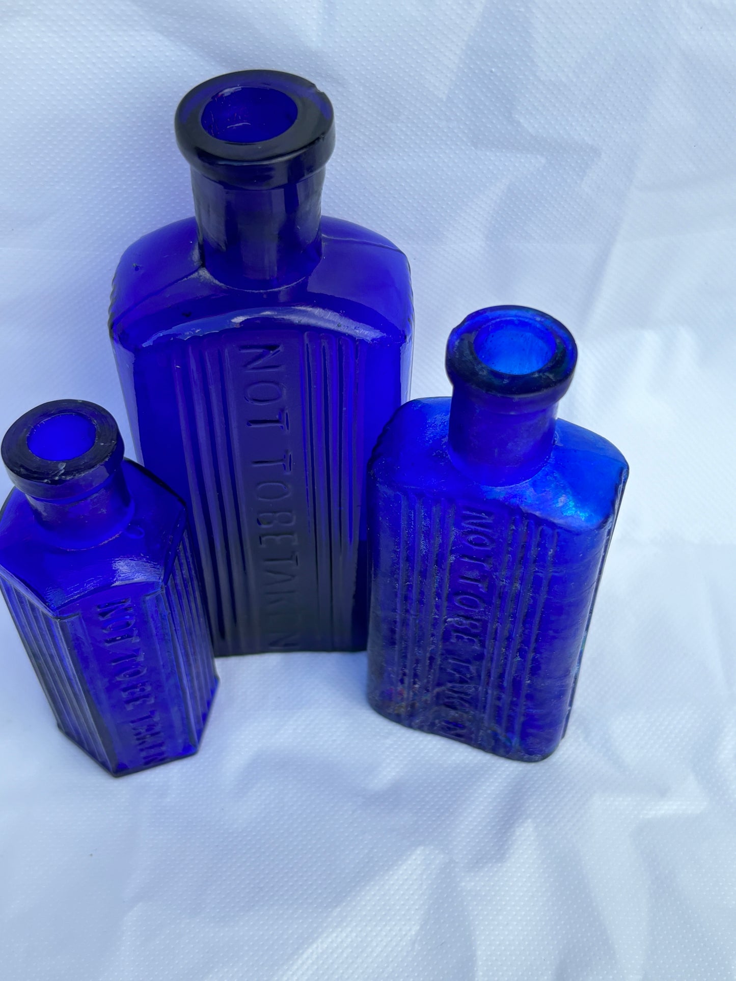 3 blue ribbed poison bottles, Not to be taken. Halloween decor