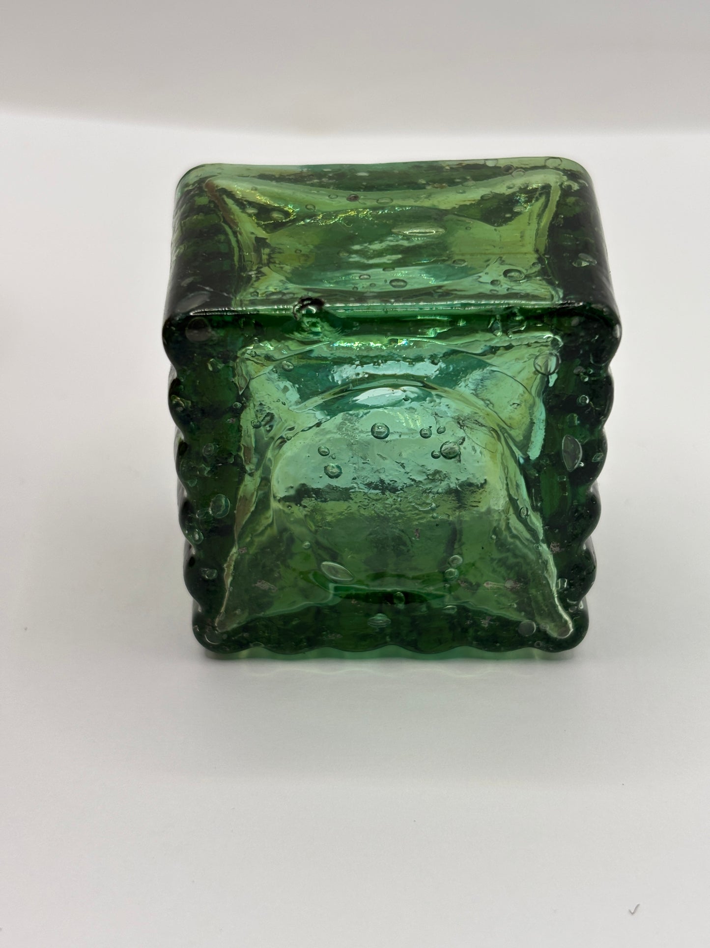 Old green glass ribbed inkwell, ink bottle, penny ink