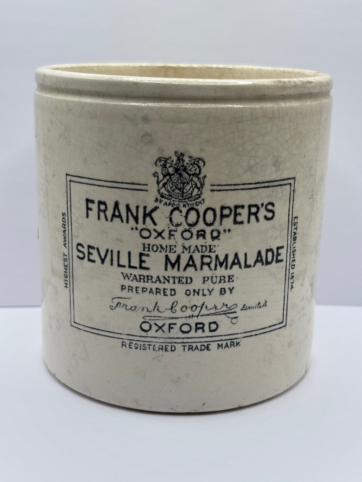 Old 2lb frank cooper marmalade jar, stained & crazed