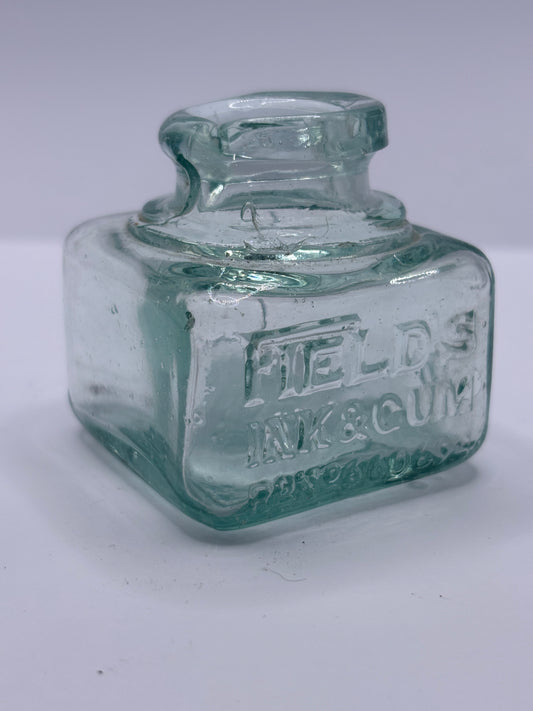 Old aqua glass ink bottle, inkwell. fields ink & gum