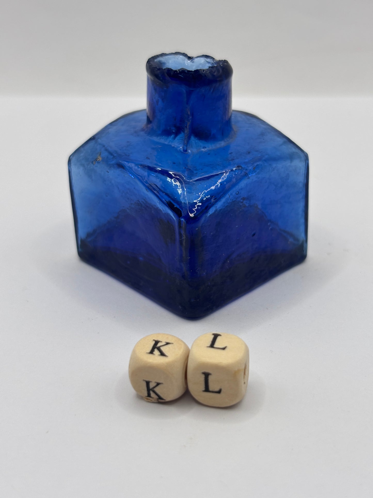 Old blue glass ink bottle, inkwell, penny ink (KL)