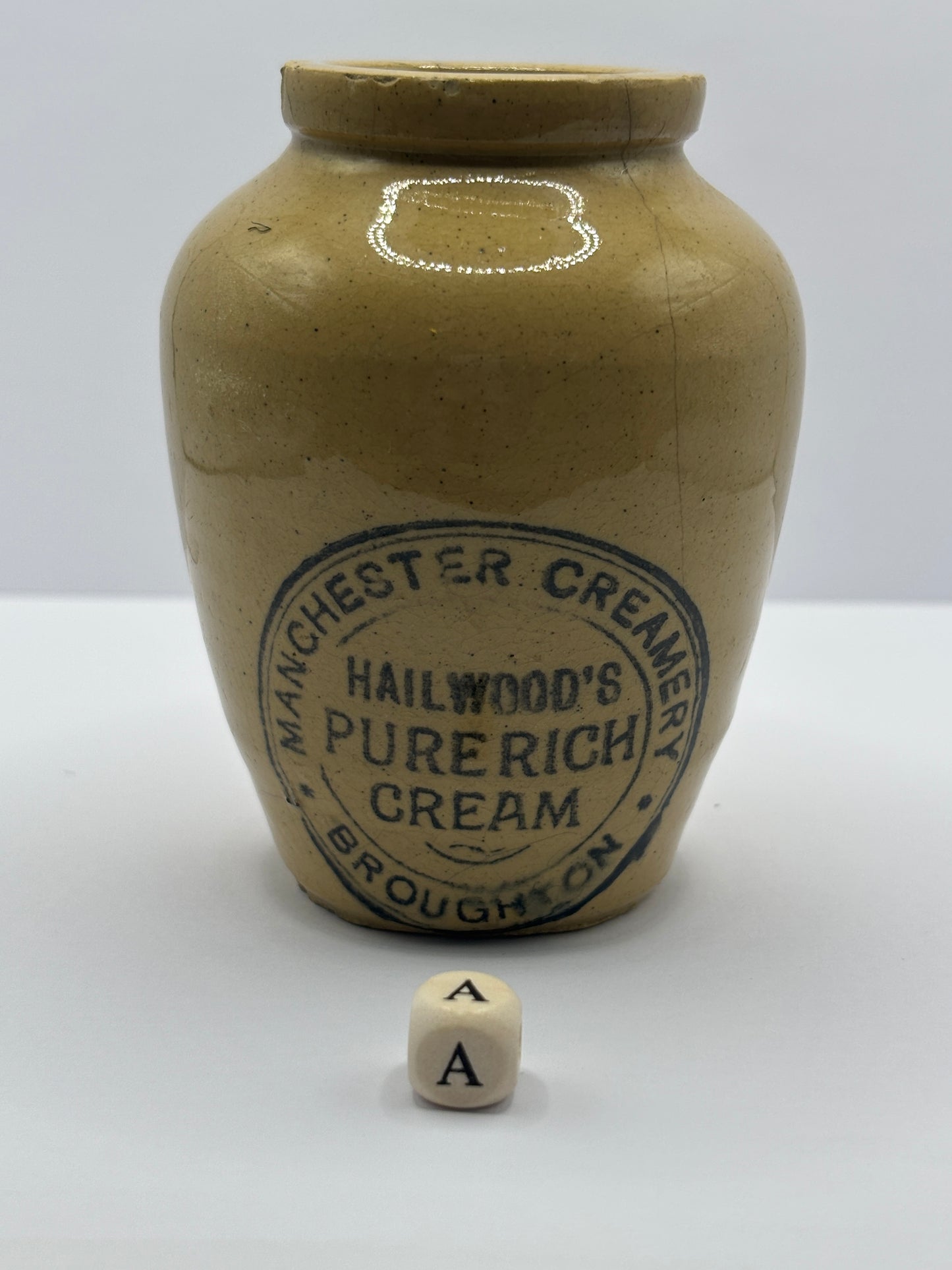 Old Manchester cream pot, Hailwoods pure rich cream (a) damaged