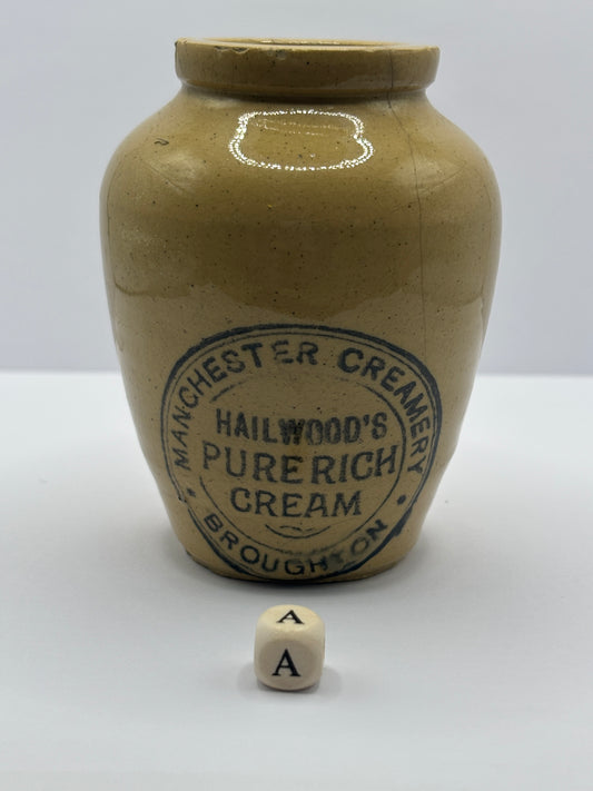 Old Manchester cream pot, Hailwoods pure rich cream (a) damaged