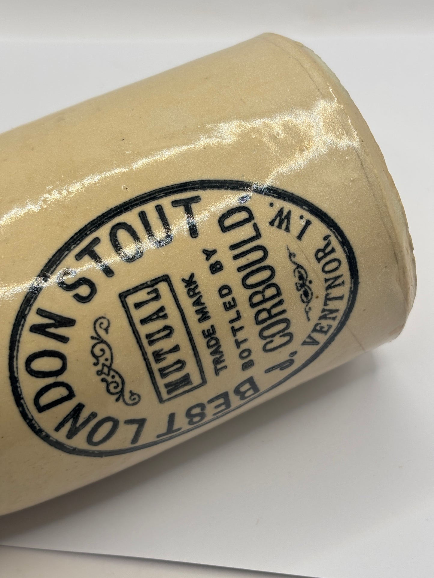 Old stoneware ginger beer bottle, Best London stout, Ventnor Isle of wight