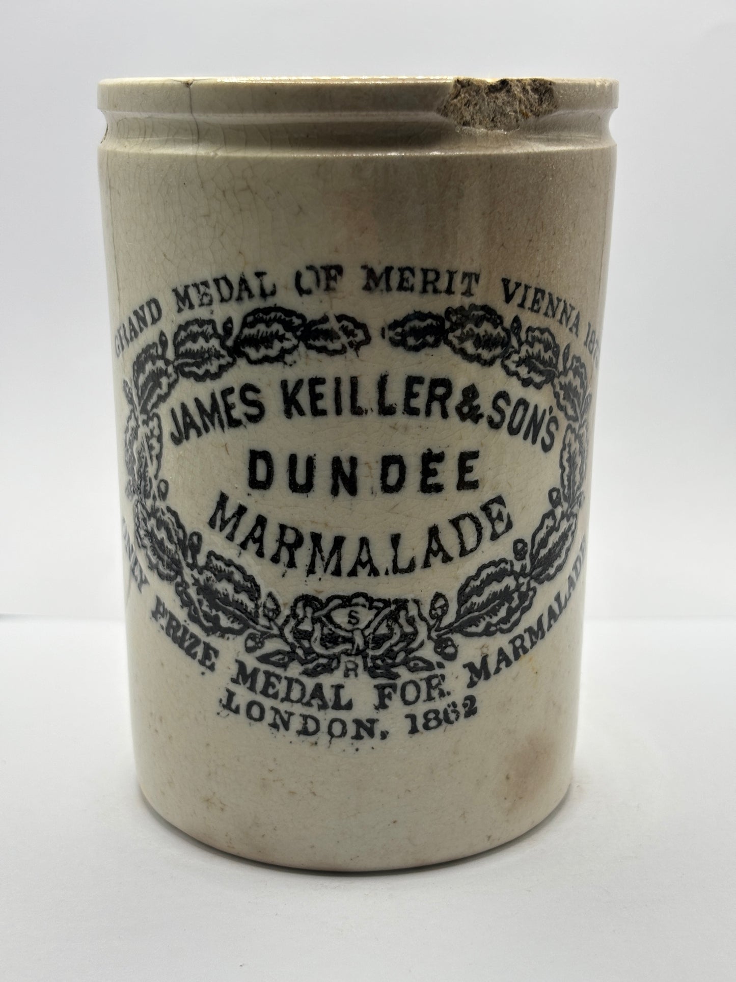 Old 1lb James Keiller Dundee marmalade jar. Damaged