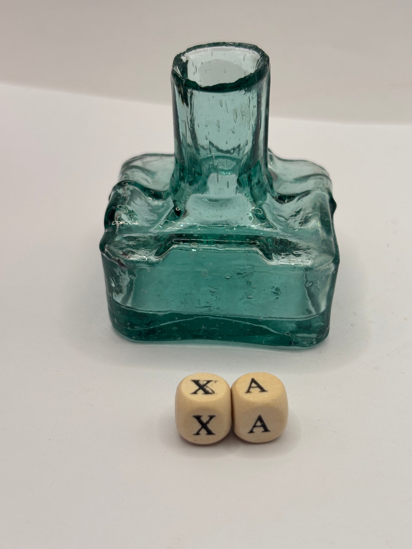 Old dark aqua glass inkwell, ink bottle. Penny ink (xa)