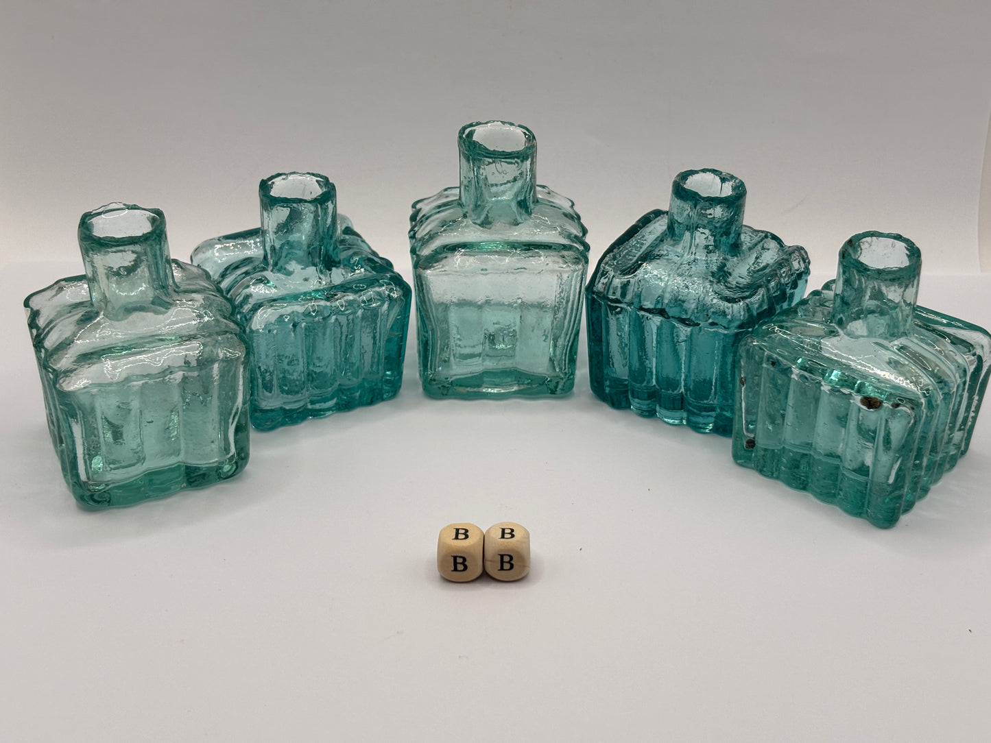 5 old glass ribbed inks, inkwells, ink bottles (BB)