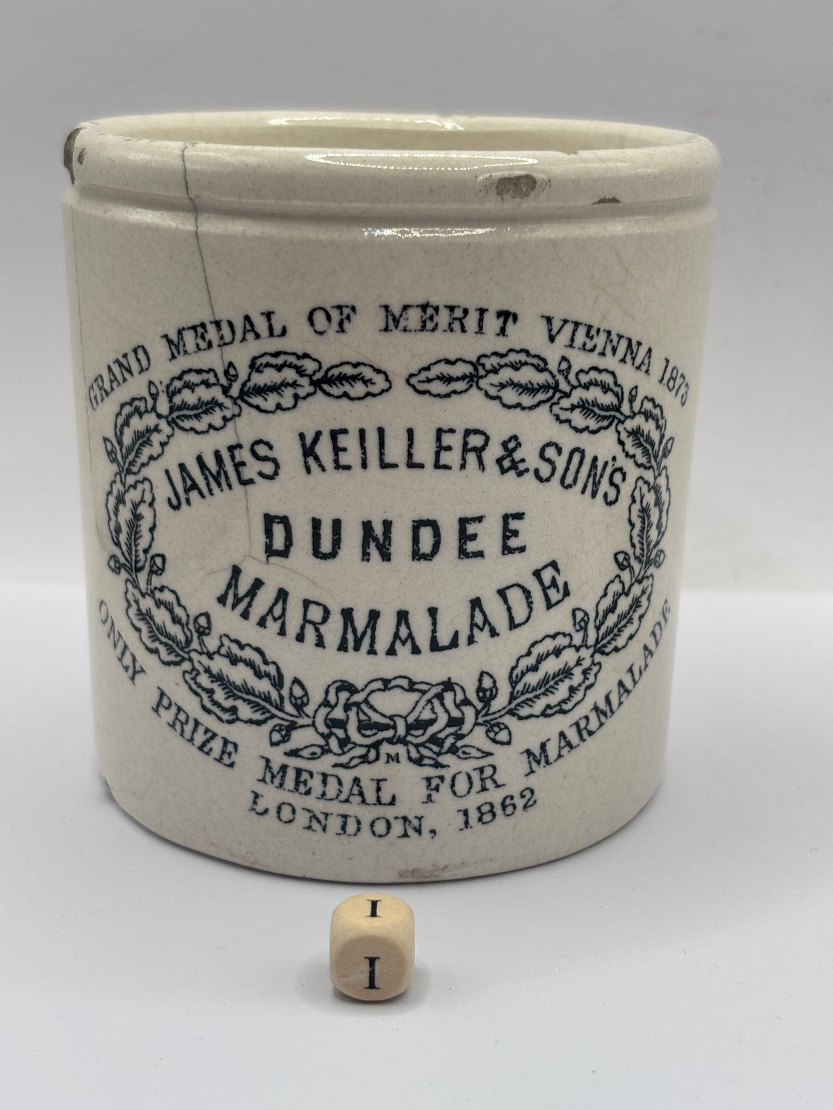 Old 1lb stoneware marmalade pot, James Keiller Dundee marmalade (i)