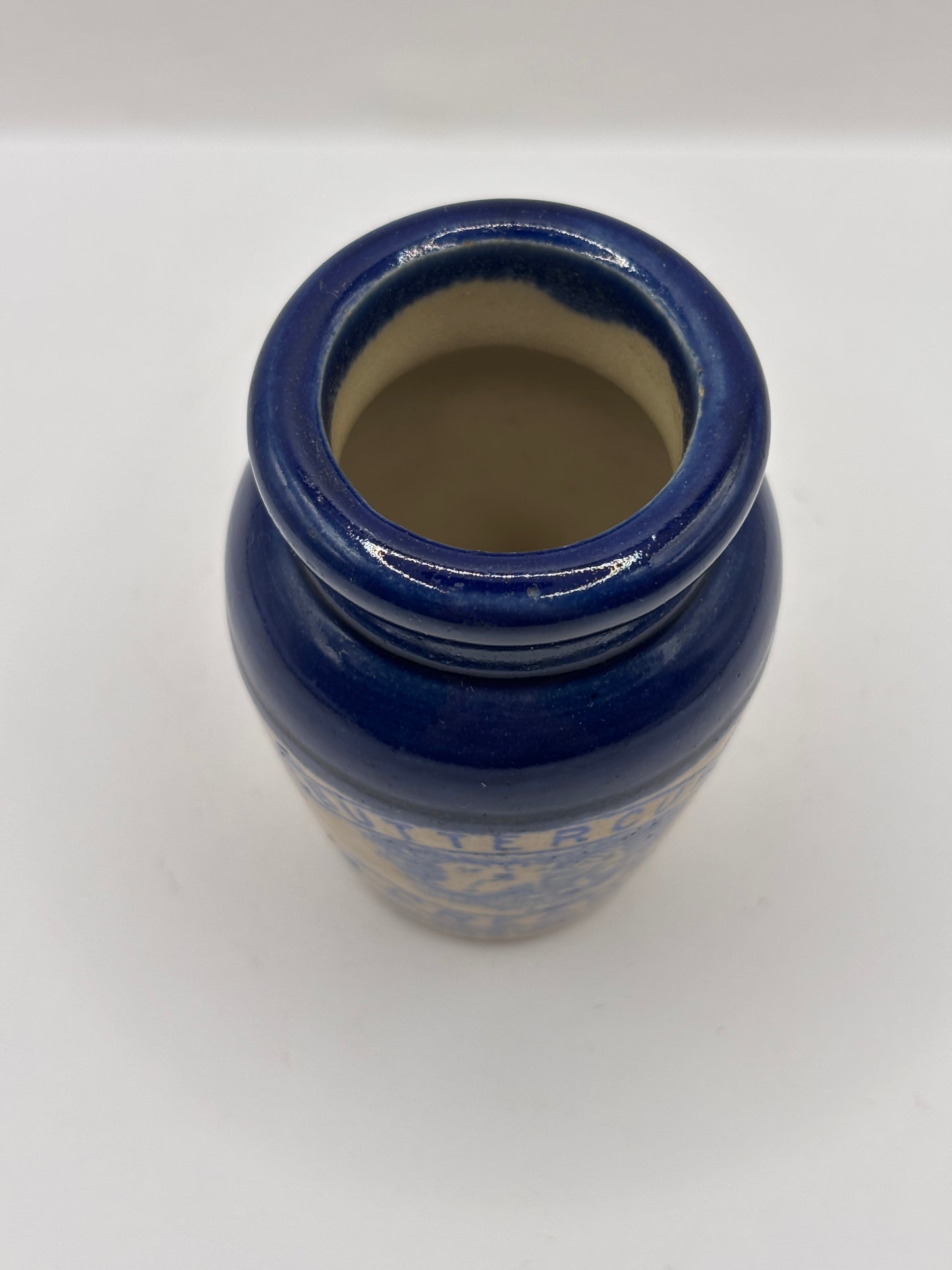 Old small size blue top advertising cream pot, Buttercup cream, 7.5cms