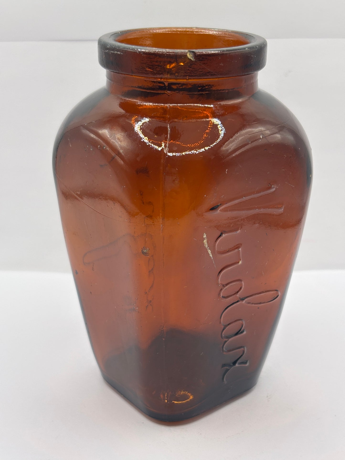 old large amber glass virolax jar 13.5cms