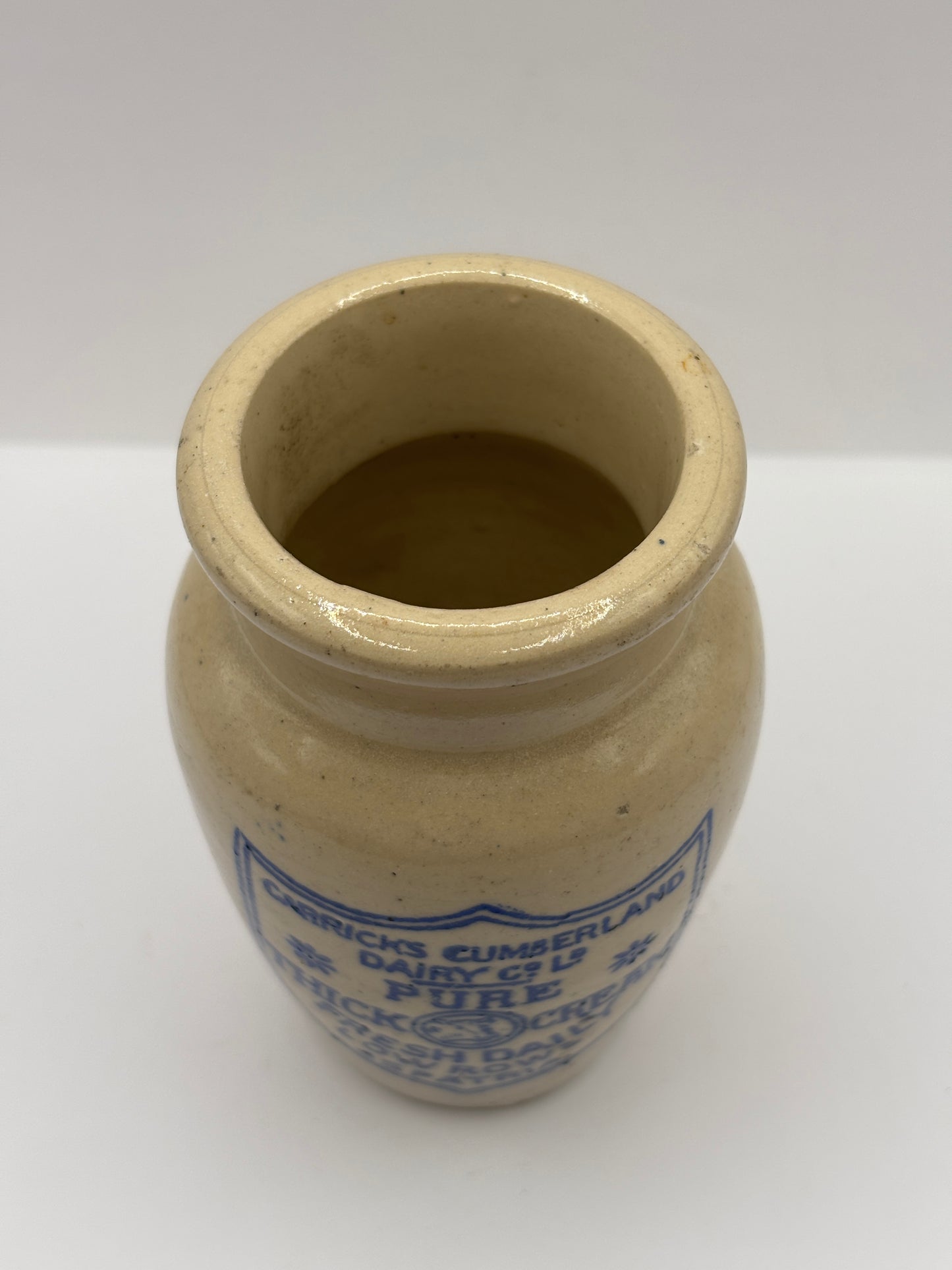 Old advertising cream pot, Carricks pure thick cream. Thick print
