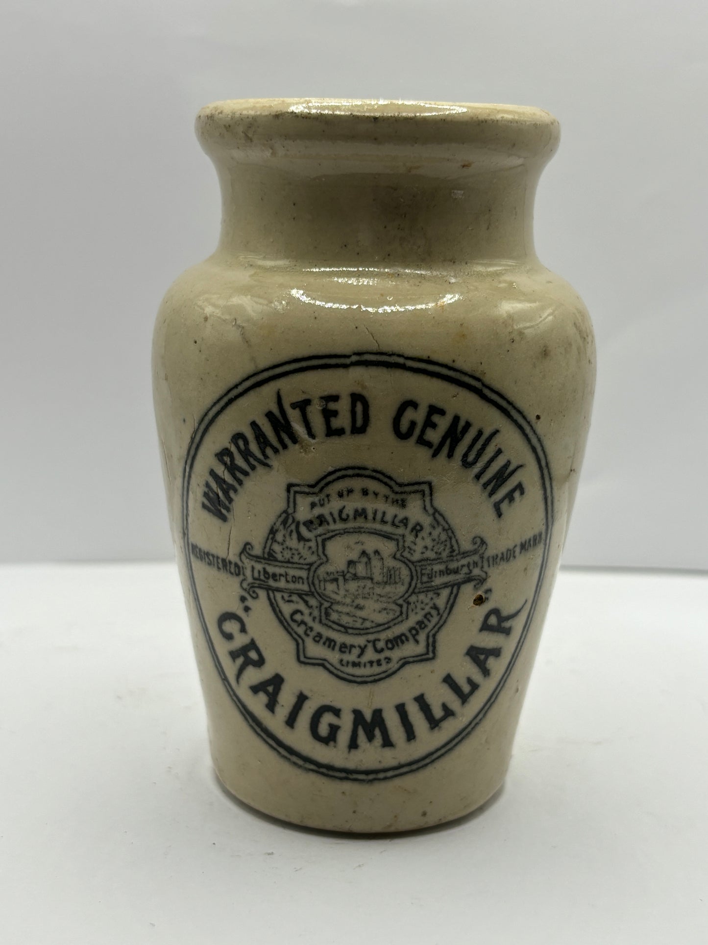 White stoneware advertising cream pot, craigmillar