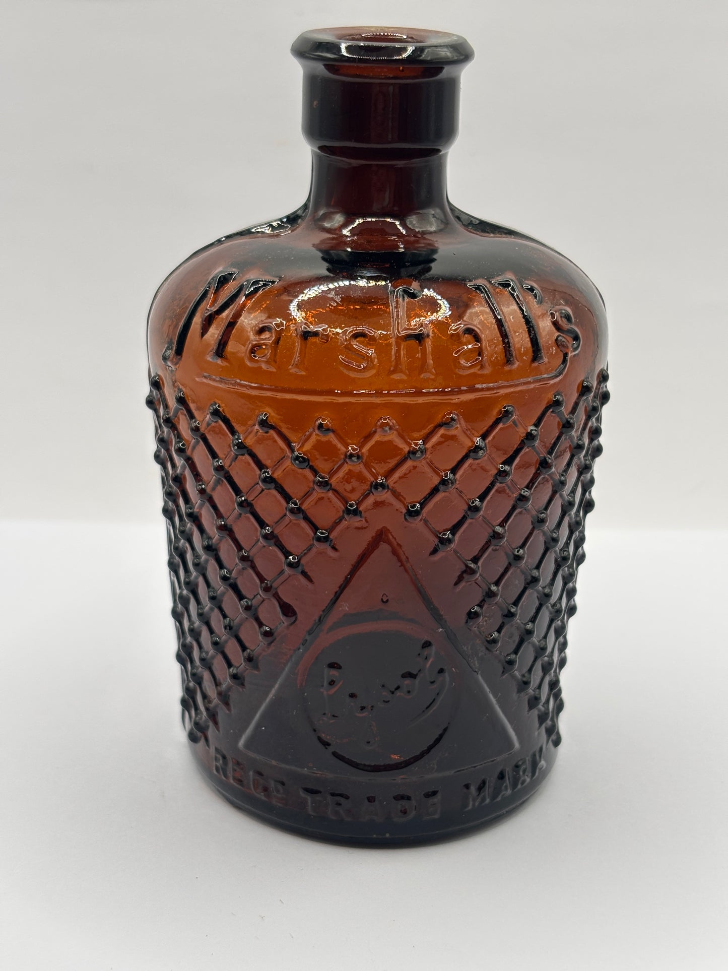 Old amber glass lysol bottle, Marshall’s, Not to be taken