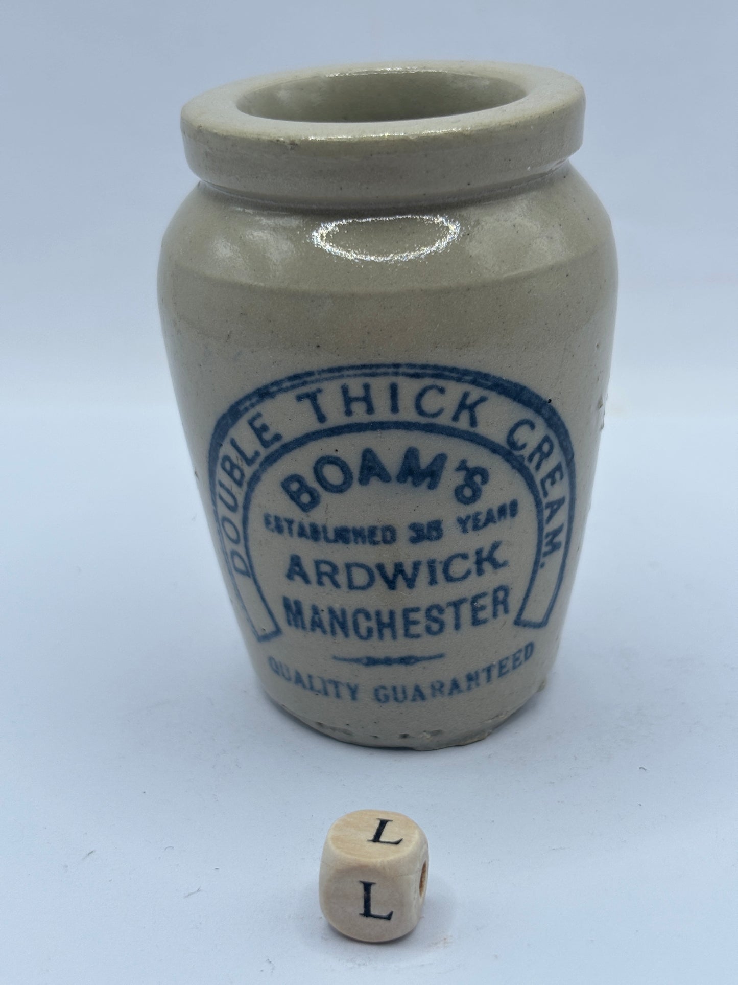 Old advertising cream pot, Boams double thick cream Manchester (L)