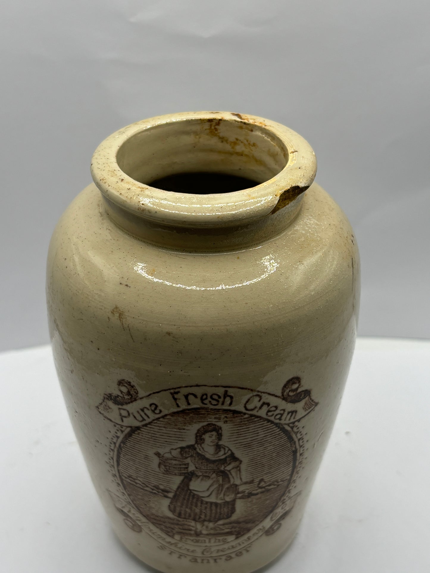 Large Stranraer pure fresh cream pot, milk maid. Serpia print