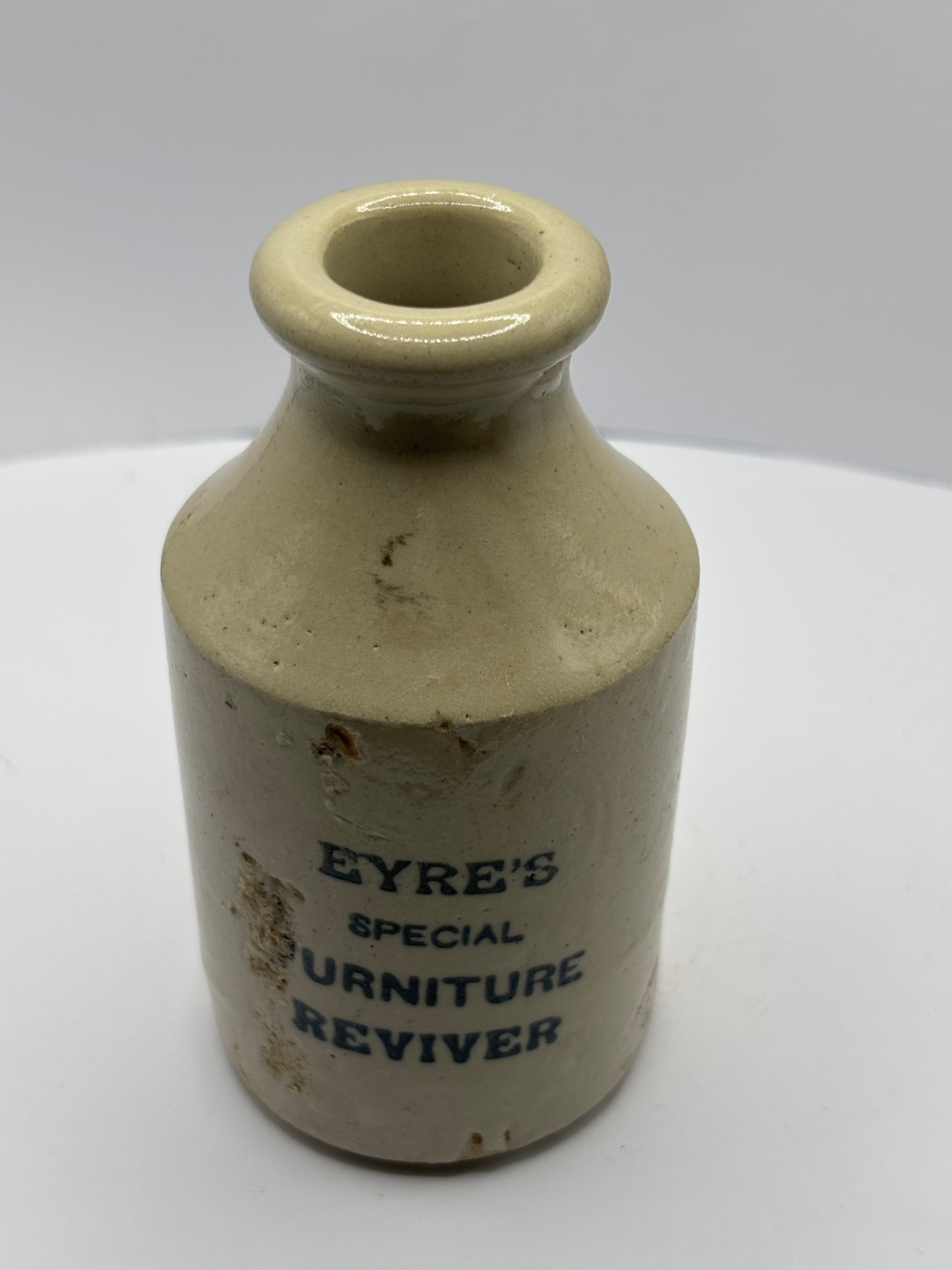 old stoneware advertising jar, Eyres special Furniture Reviver