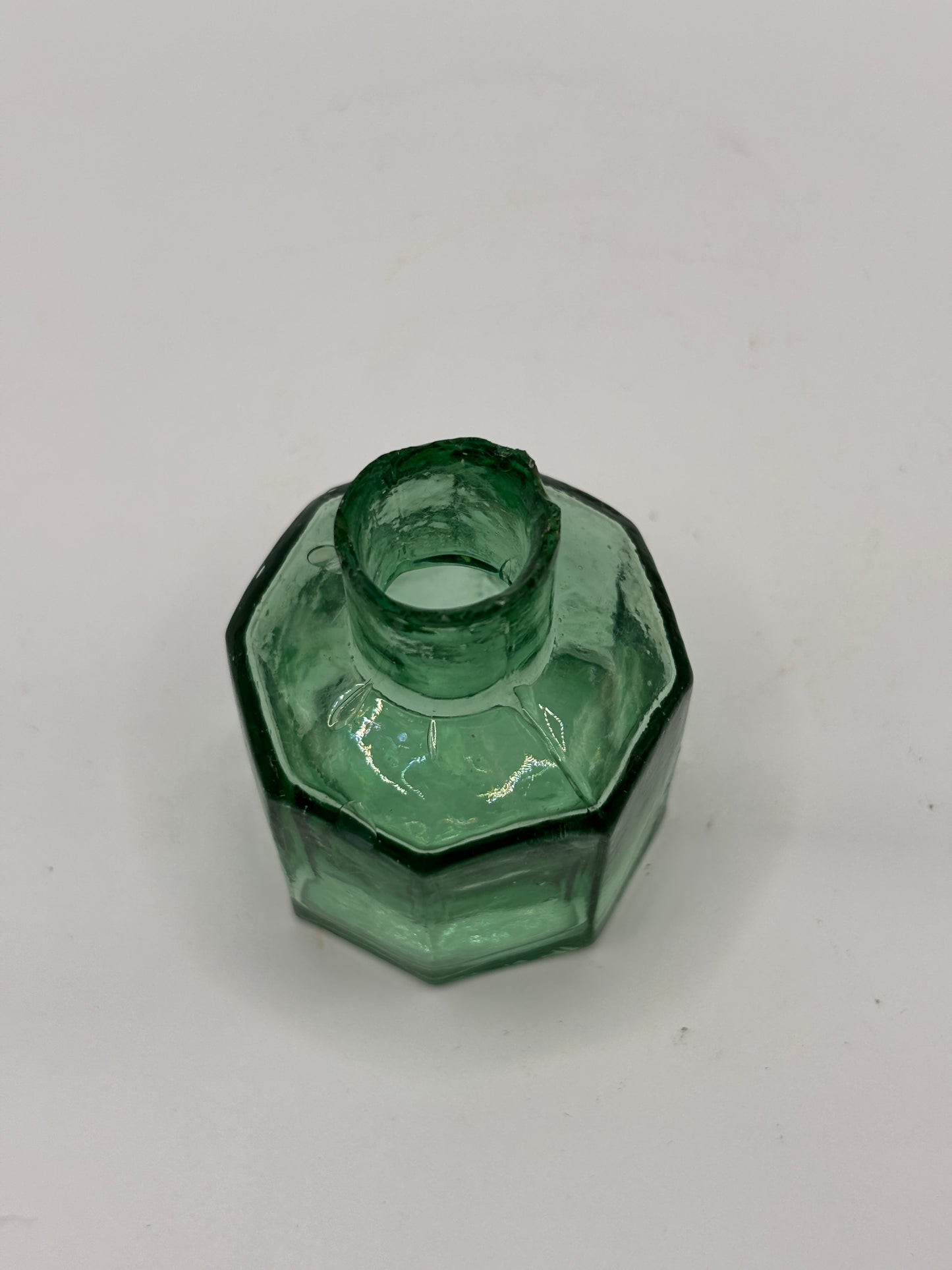 Old green glass ink bottle, inkwell, penny ink