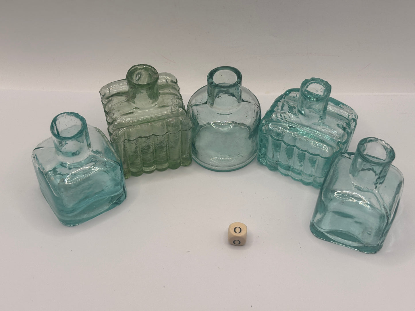 5 old aqua glass inks, inkwells, ink bottles, penny ink (o)