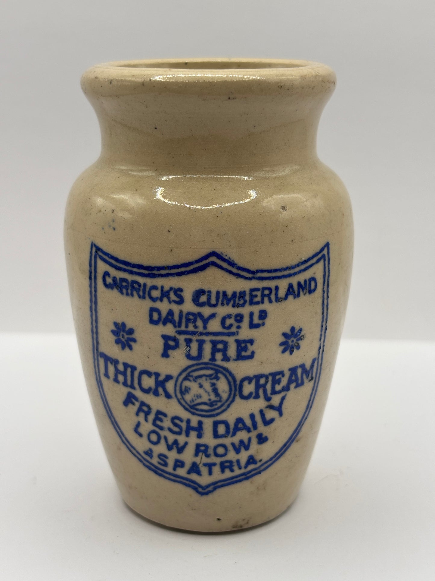 Old advertising cream pot, Carricks pure thick cream. Thick print