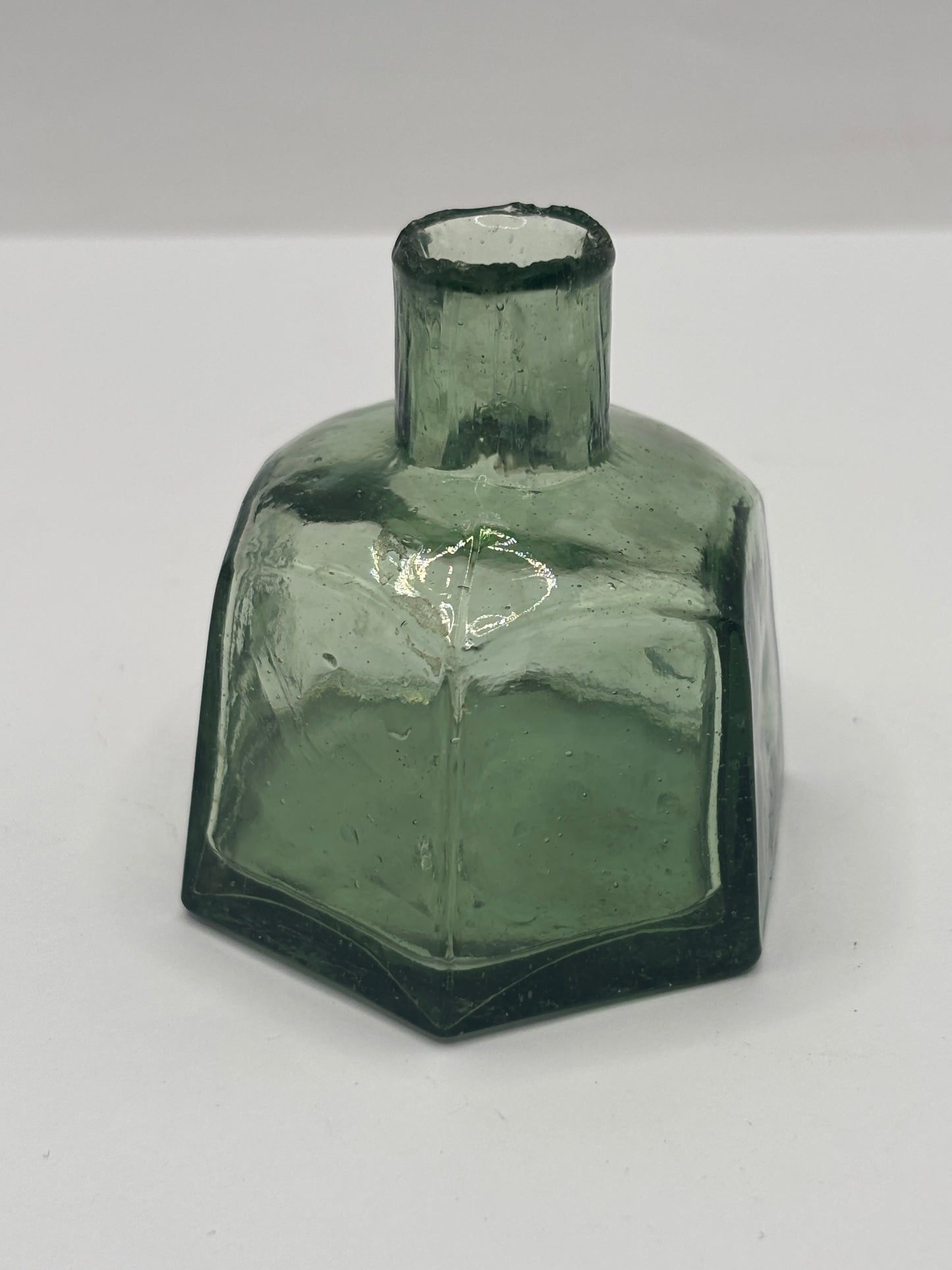 Old green glass advertising inkwell, penny ink, FM & Co