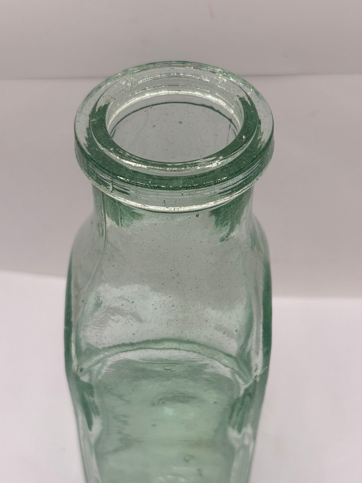 Old square aqua glass pickle jar (i) bubbly glass