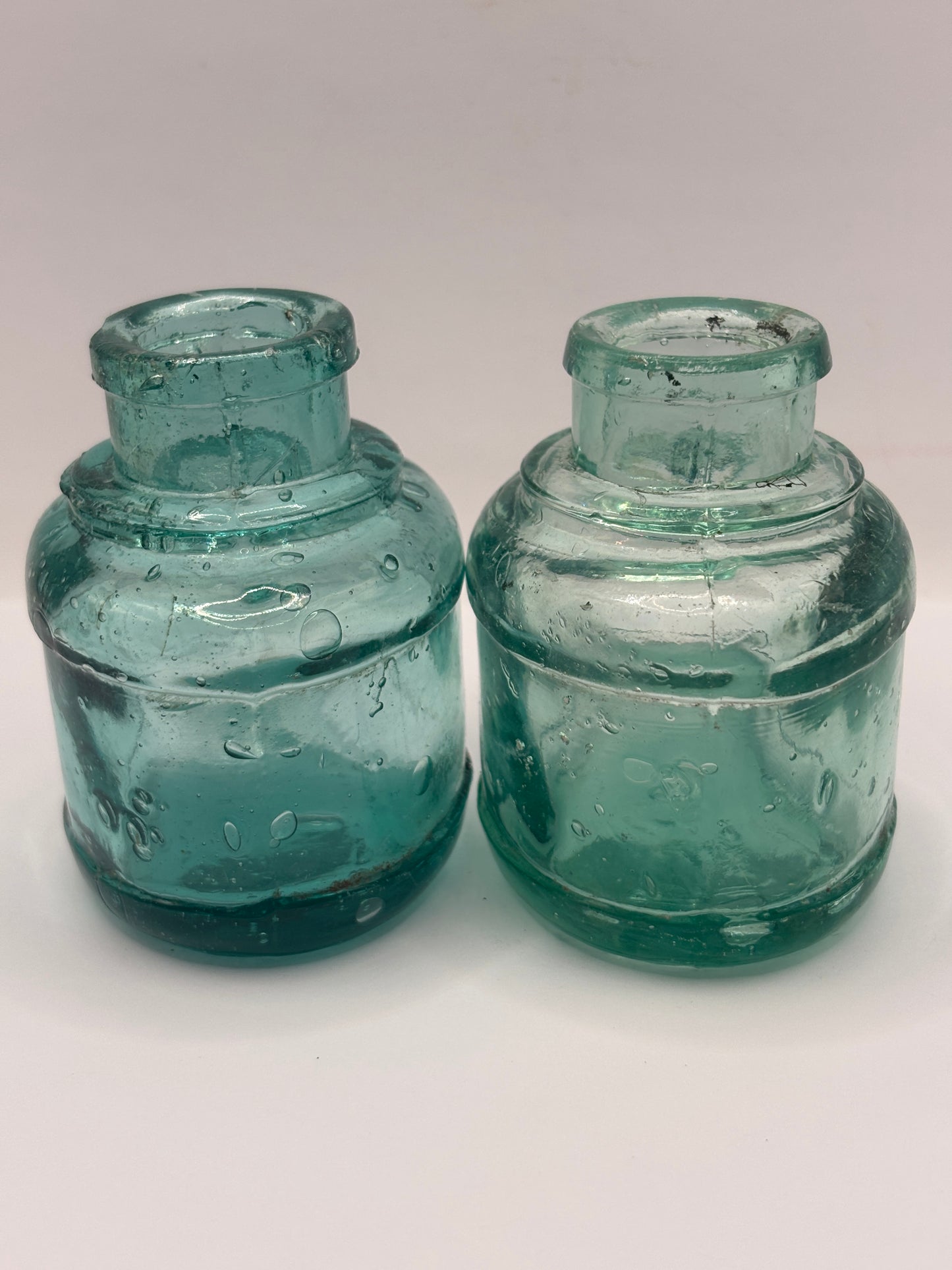 2 old aqua glass ink bottles, inkwells