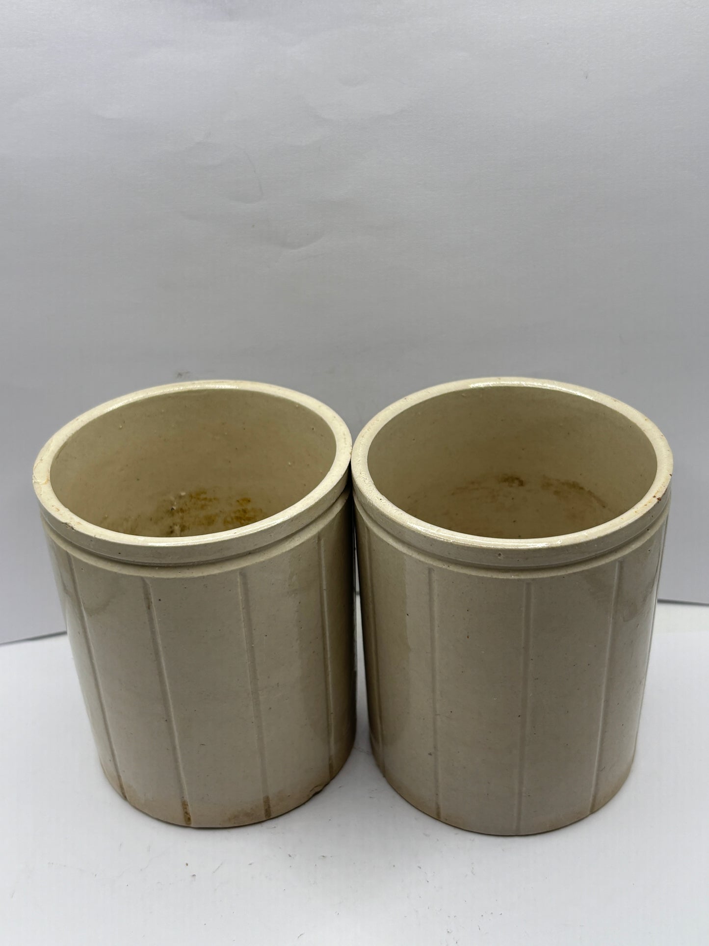 2 Old Ribbed stoneware jam pots, stamped Hartleys