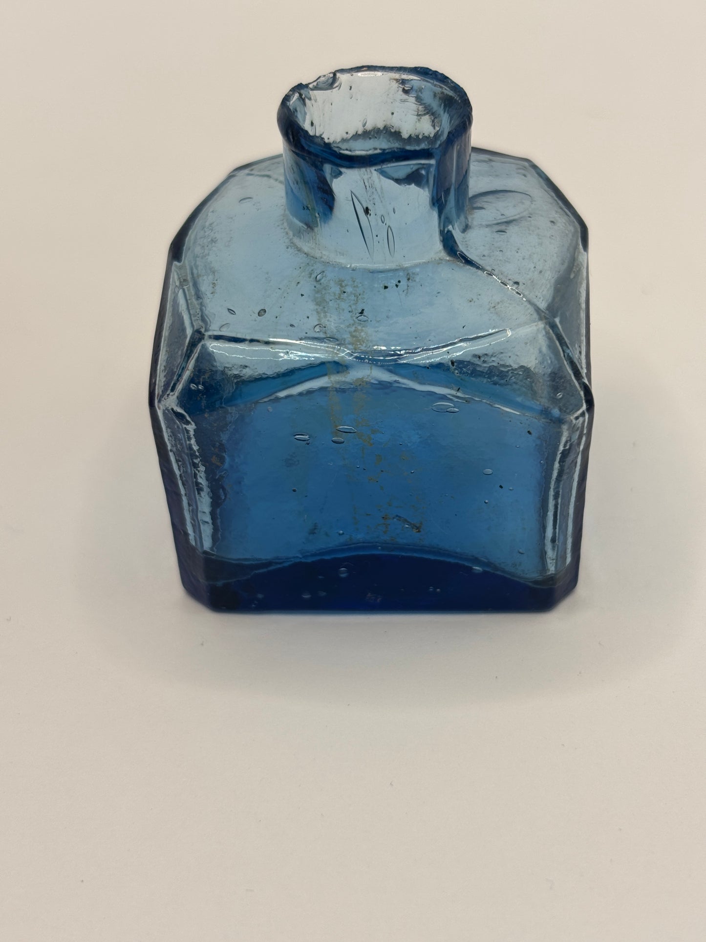 Old blue glass inkwell, ink bottle, penny ink