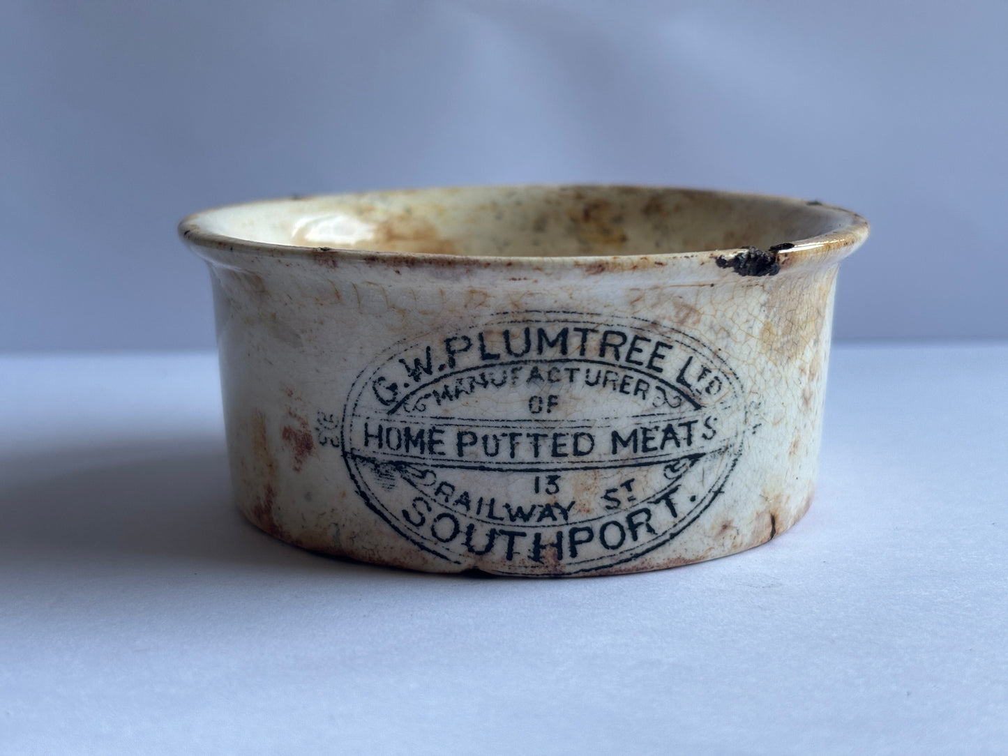 Old stained & crazed plumtree meat paste pot
