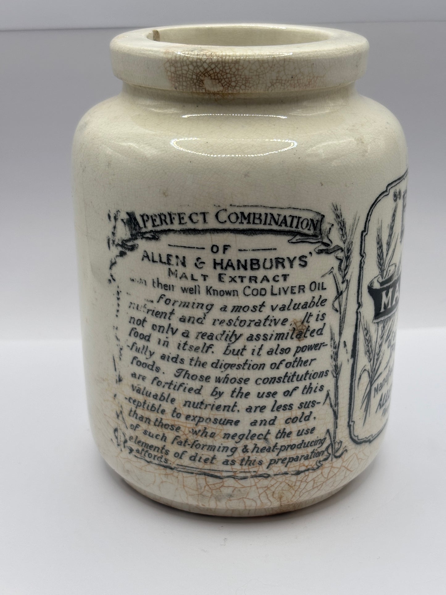 Old stoneware advertising jar, Bynol the perfected malt & oil