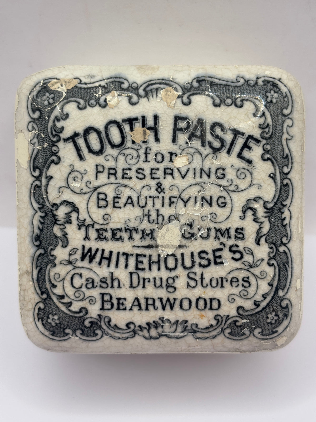 Old advertising lid and base. Whitehouses drug stores bearwood “toothpaste” repaired