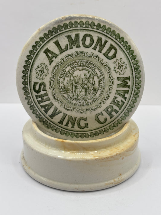 Old green print advertising lid and base, Almond shaving cream