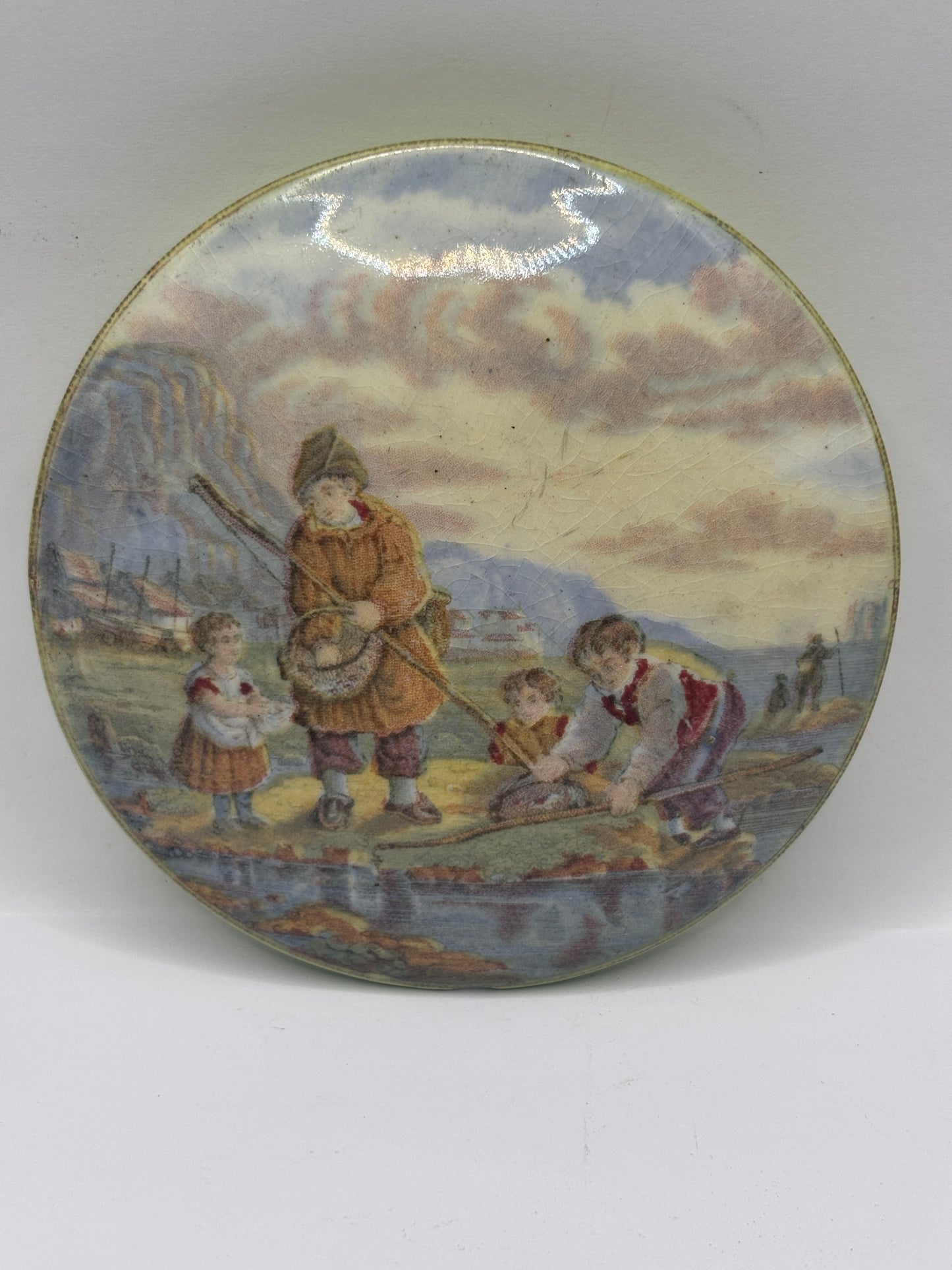 Old Prattware lid, victorian pot lid. the shrimpers Pratt lid. Damaged