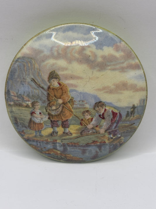 Old Prattware lid, victorian pot lid. the shrimpers Pratt lid. Damaged