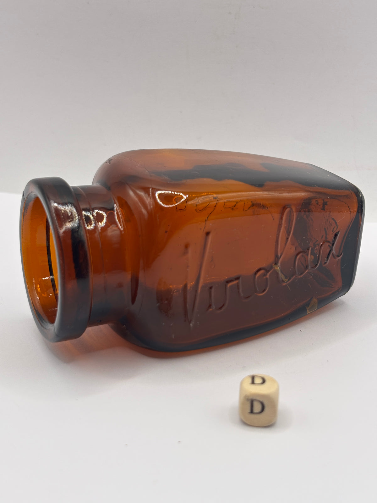 Old amber glass Virolax jar (D)