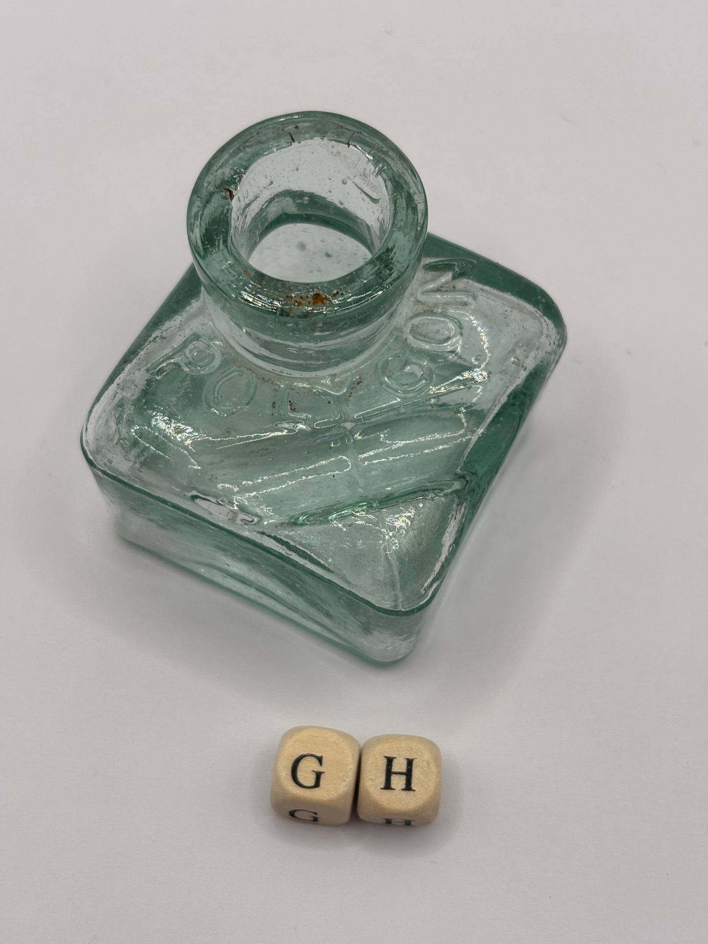 Old aqua glass Polygon ink, ink bottle. Inkwell (GH)