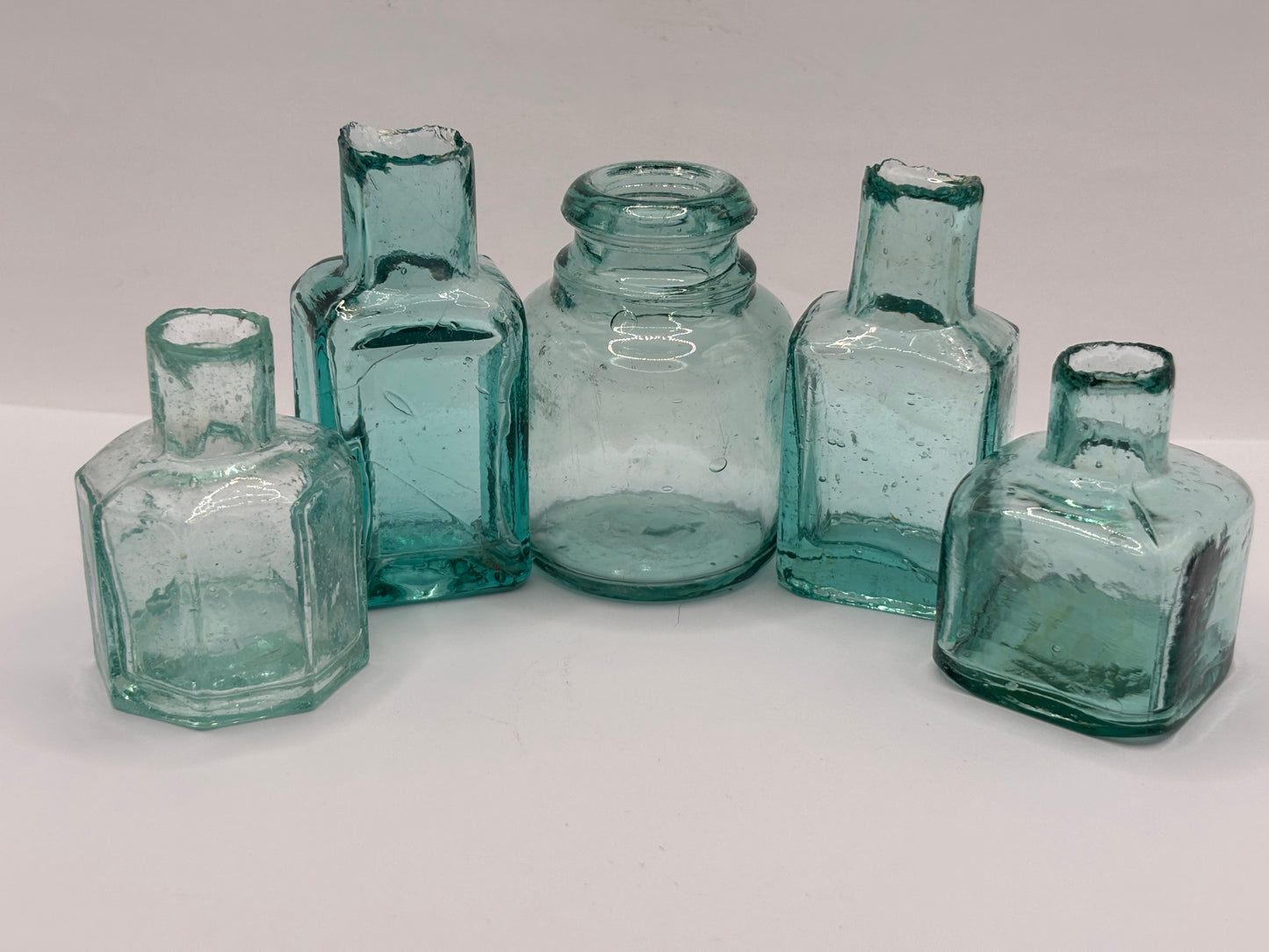 5 old glass inks, inkwells, ink bottles