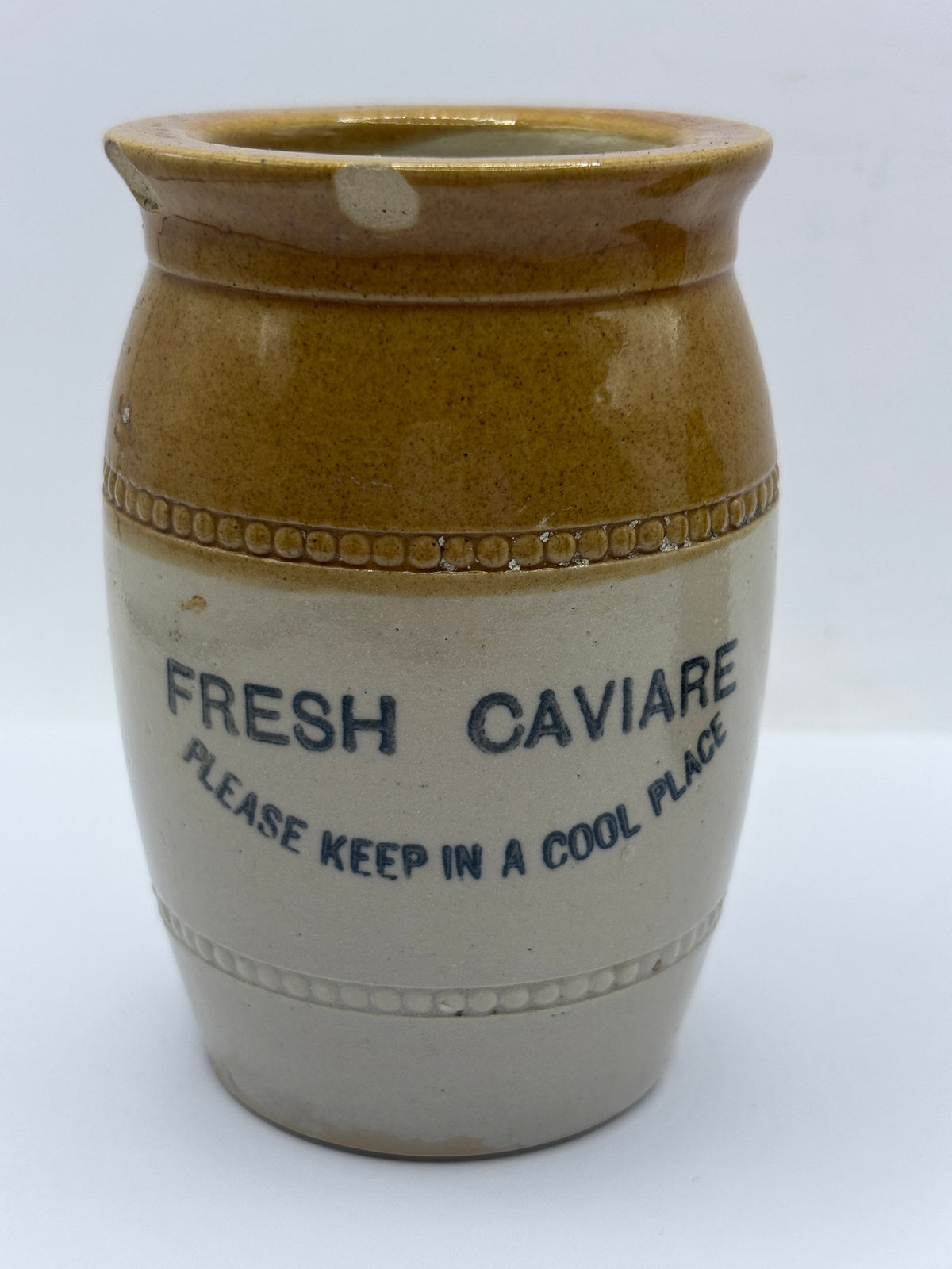 Old stoneware advertising jar, Fresh Caviare