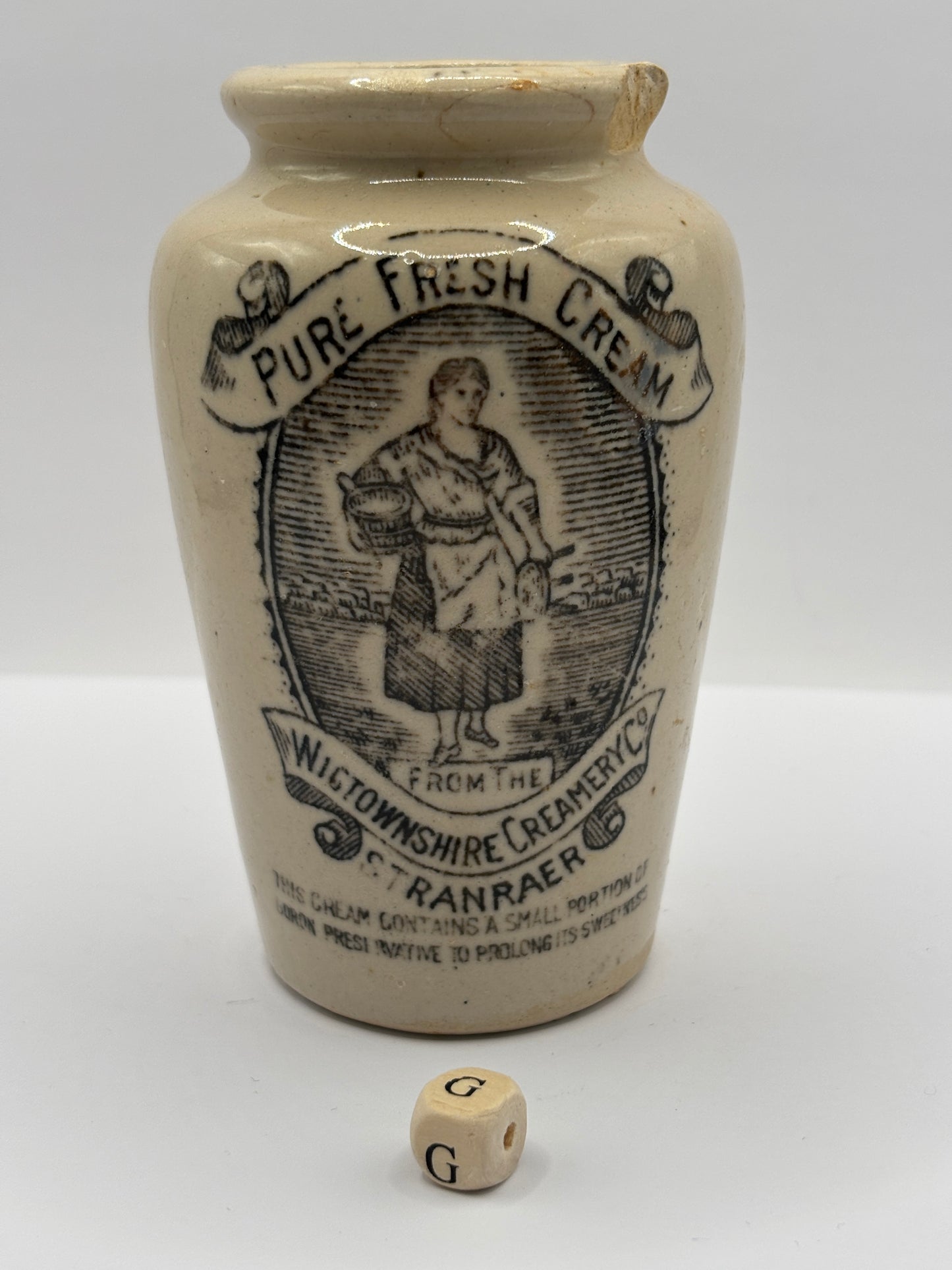 Old advertising cream pot, Rich preserved cream, Stranraer. Milk maid (G) damaged