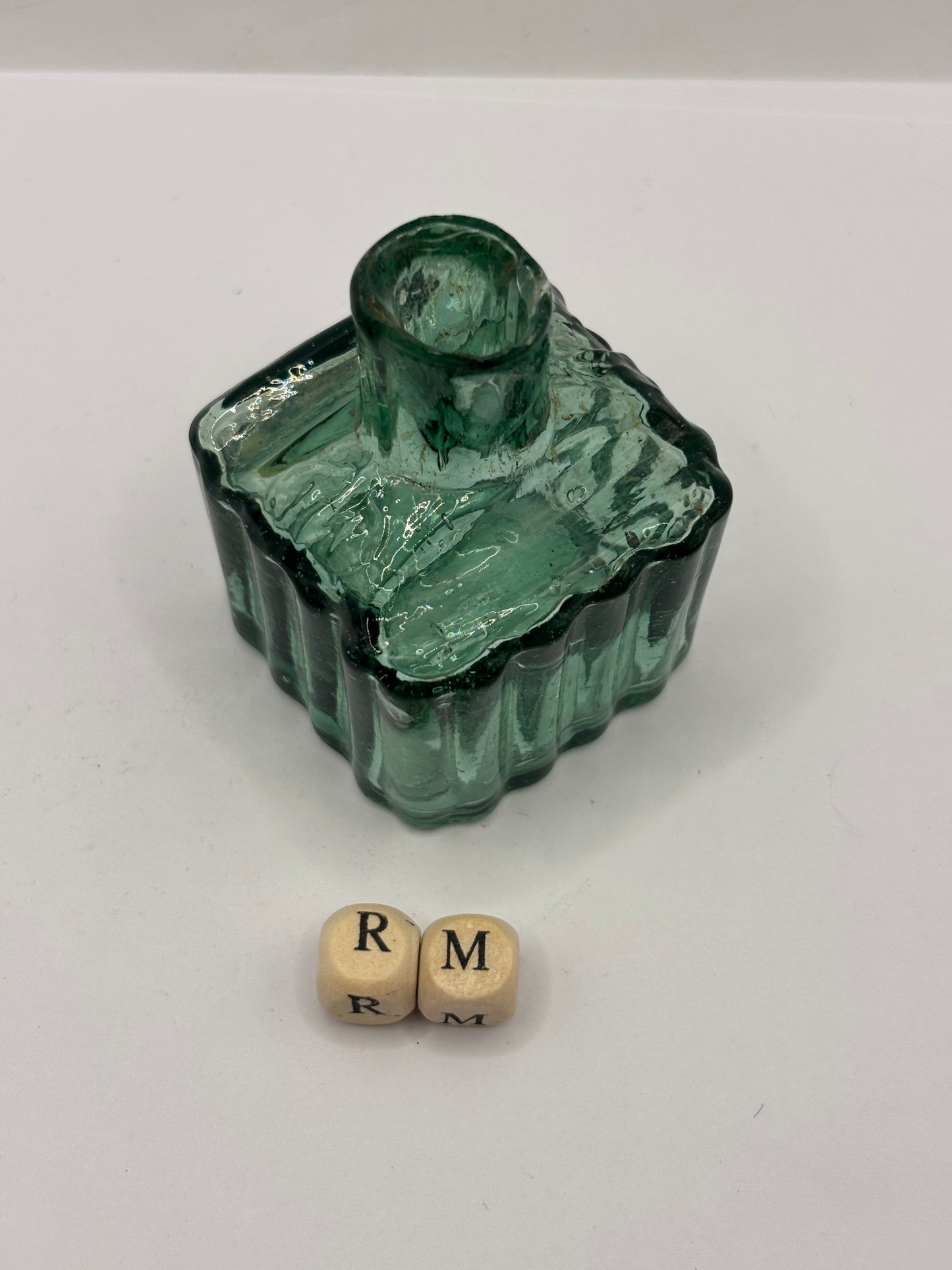 Old dark aqua/green glass ink bottle, inkwell, penny ink (RM)