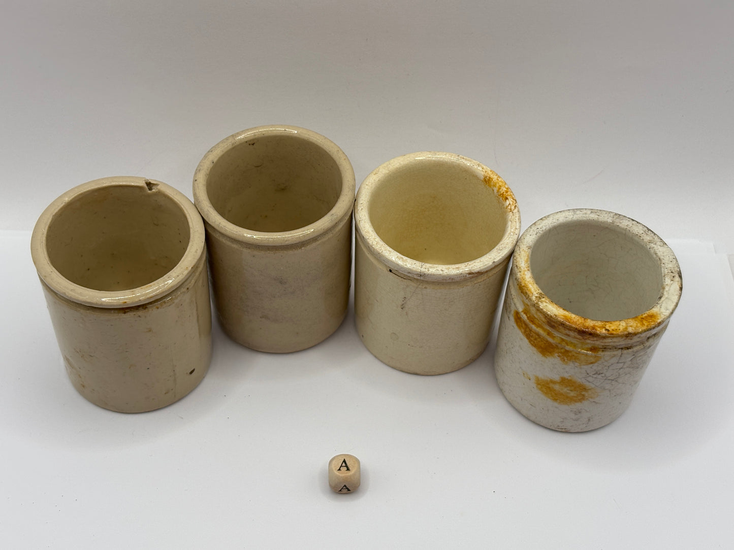 4 old small stoneware jars & pots (A)