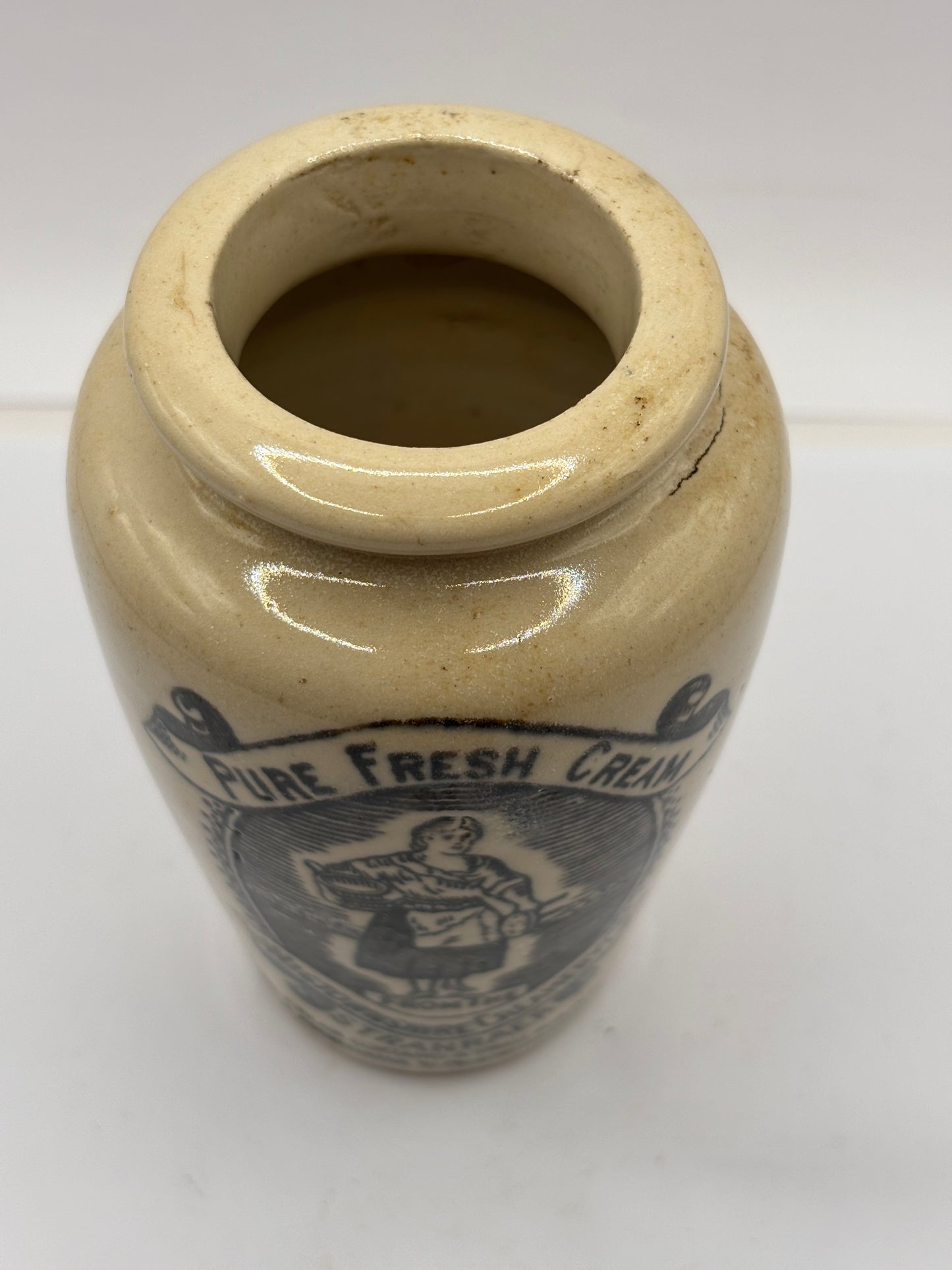 Old stoneware advertising cream pot, pure fresh cream Stranraer. Milk maid