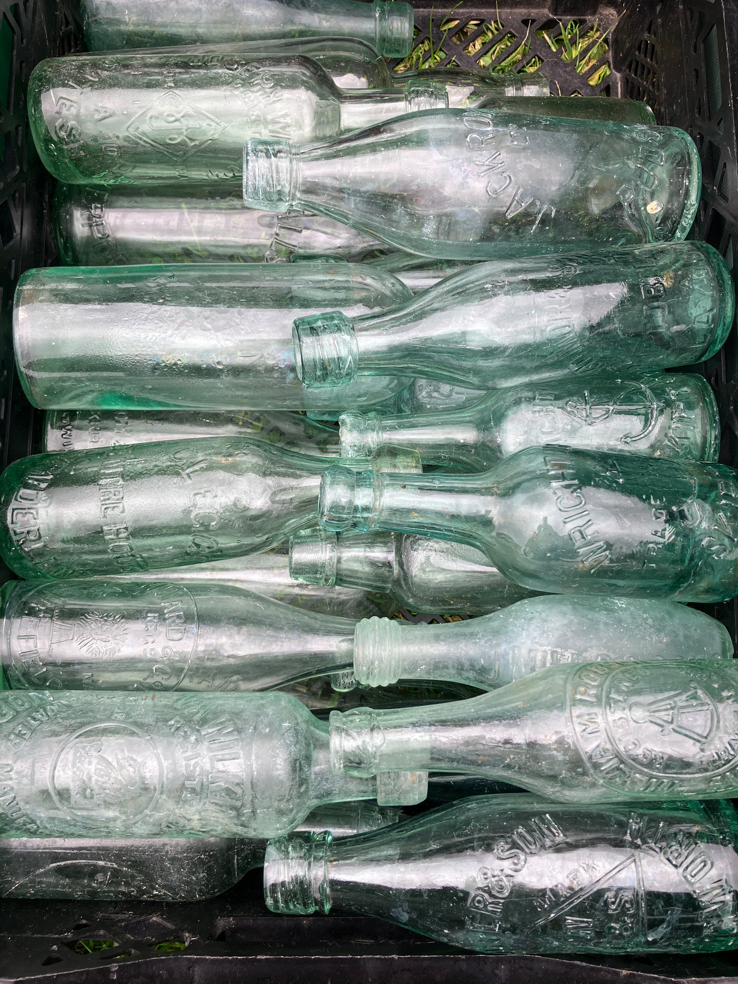 20 mixed aqua glass Victorian/edwardian beer bottles