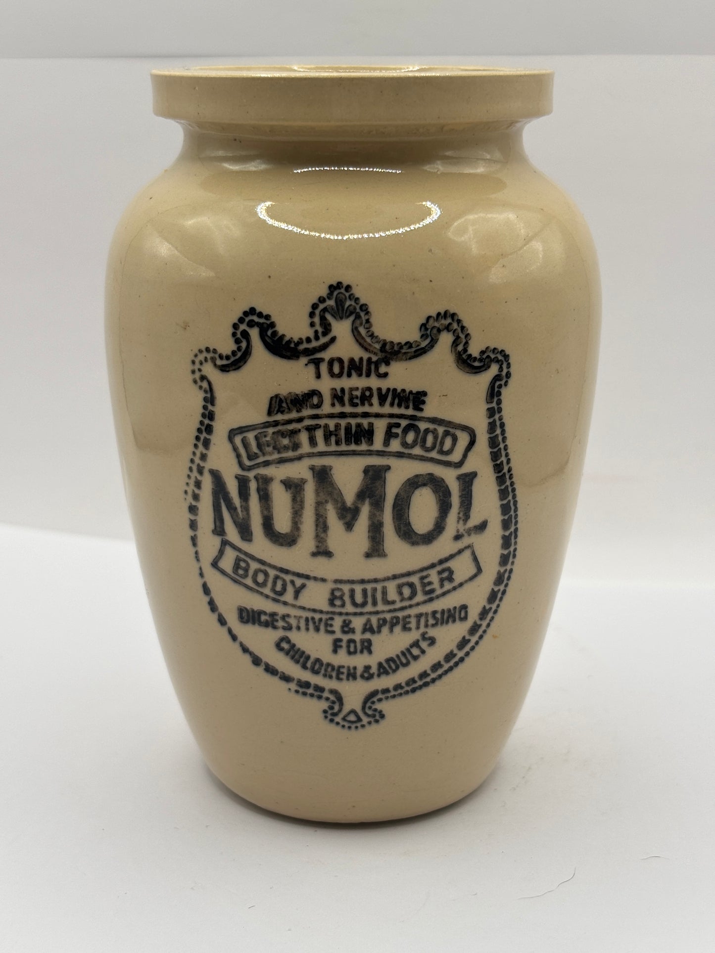 Old advertising jar, Numol body builder 13cms