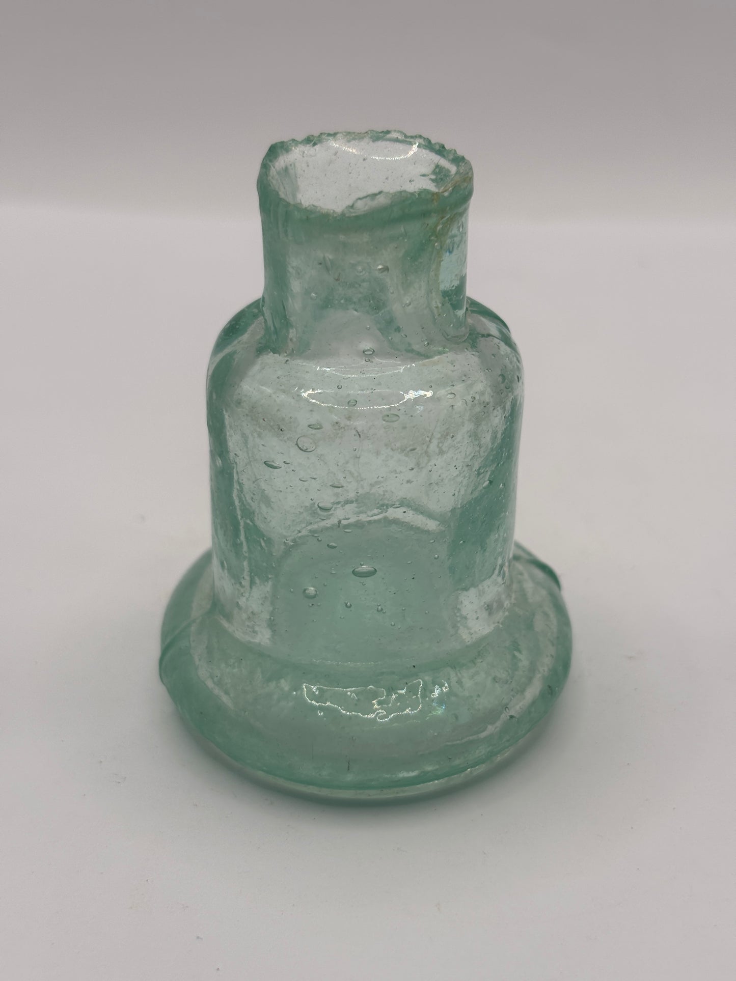 Old aqua glass inkwell, Bell ink