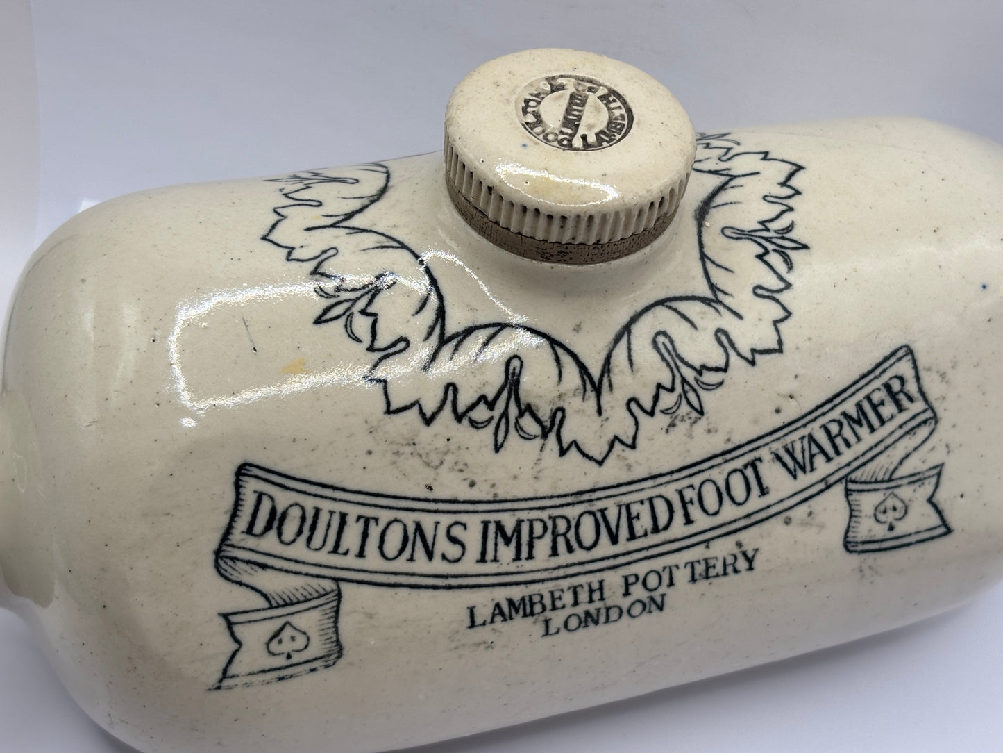 Old stoneware bed warmer/ foot warmer. Doultons improved foot warmer