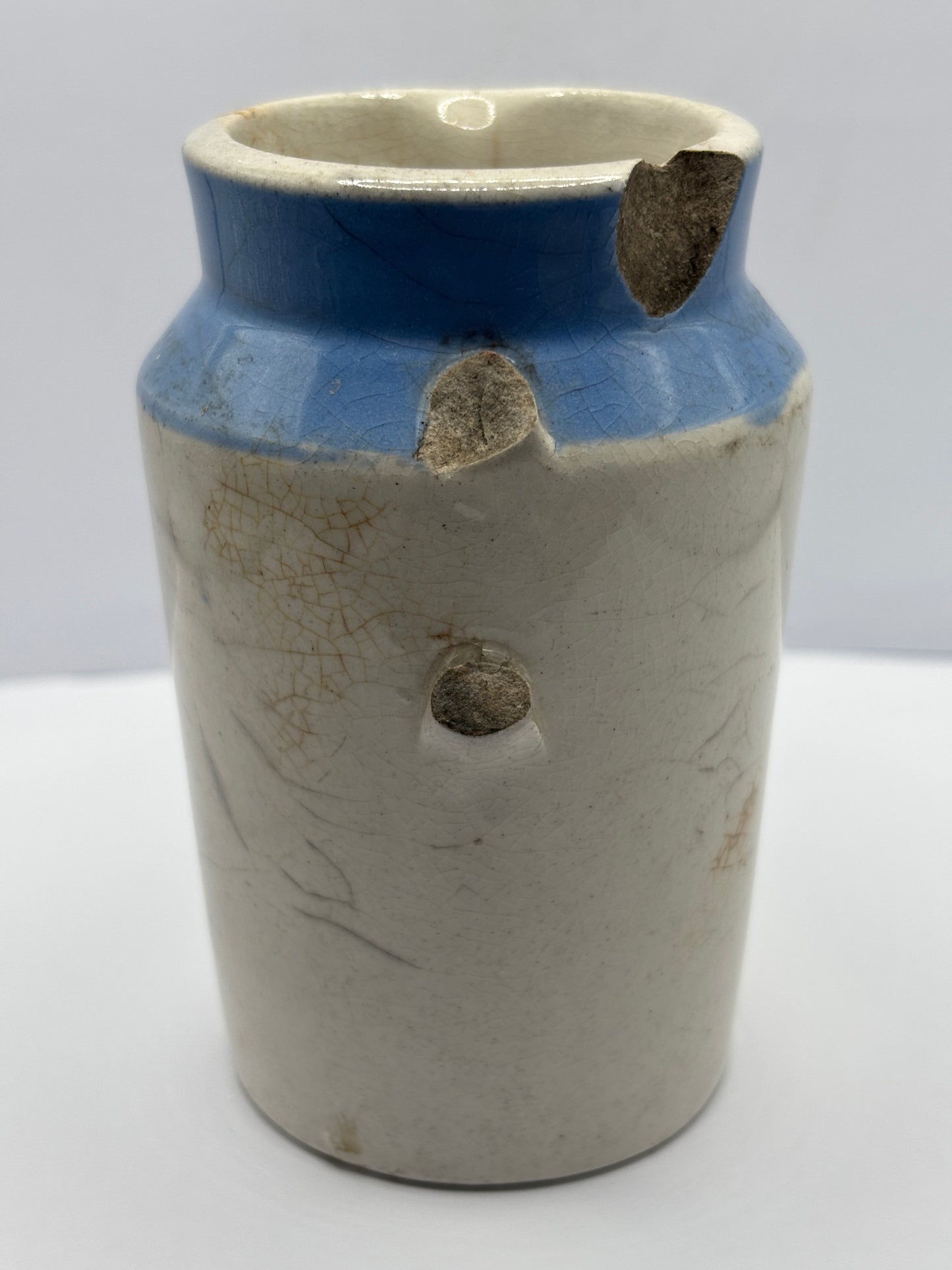 Old stoneware advertising cream pot, J.Clarke & Sons Dairy & Creamery. Restoration project?